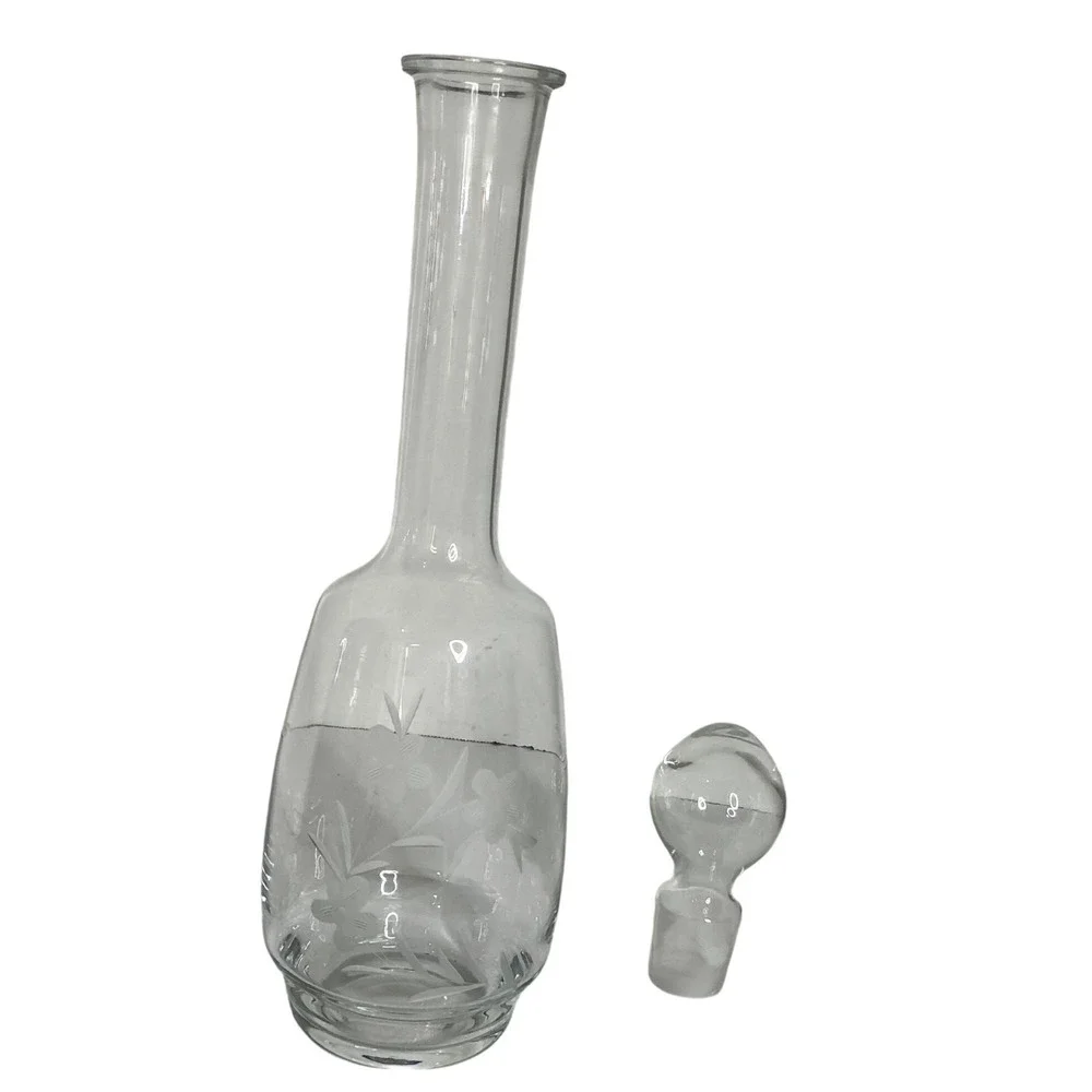 Vintage Etched Floral‎ Glass Decanter with Stopper Long Neck Clear Barware 15 in